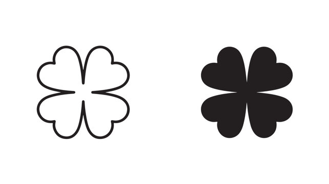 Black and white four-leaf clover logo icons on isolated background for St. Patricks Day and luck concepts
