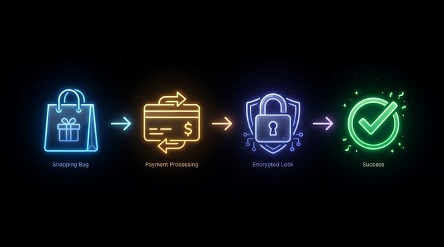 Online shopping payment process with secure checkout on minimal black background