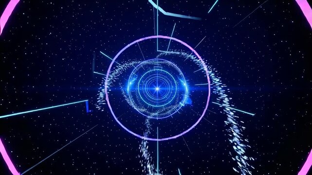 Futuristic abstract quantum data warp tunnel glowing ring, neon digital vortex cyber network portal, blue light speed line cosmic starfield motion