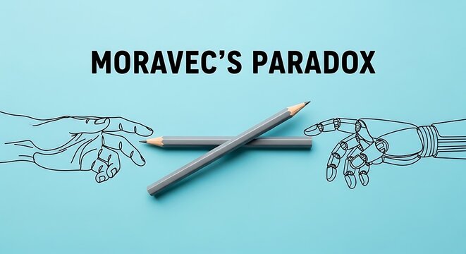 Moravec's Paradox concept illustration, human and robot hands reaching with pencils, artificial intelligence vs human skill on blue background