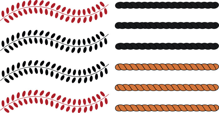 Decorative rope borders and baseball stitch vector illustration collection featuring seamless wavy leaf patterns, black lines and textured nautical twine dividers.