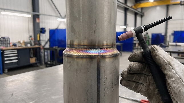 A close up photo shows a professional worker performing precise metal welding on a stainless steel pipe within a workshop