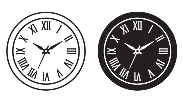 Black and white clock faces with Roman numerals on plain white background for time and schedule concepts