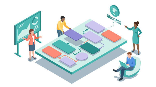An engaging visual demonstrating a collaborative business process with flowcharts and diverse team members working together to achieve success in their projects and goals.
