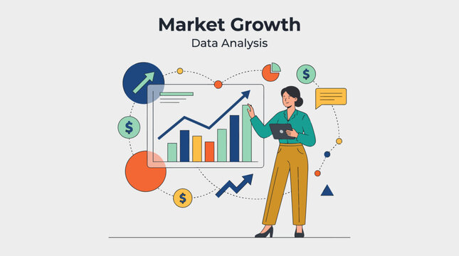 This image highlights the significance of data analysis in driving market growth, showcasing a professional engaged in interpreting metrics and statistical trends visually.