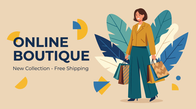 This illustration captures a woman joyfully holding shopping bags, embodying the online boutique experience with an emphasis on stylish, modern fashion.