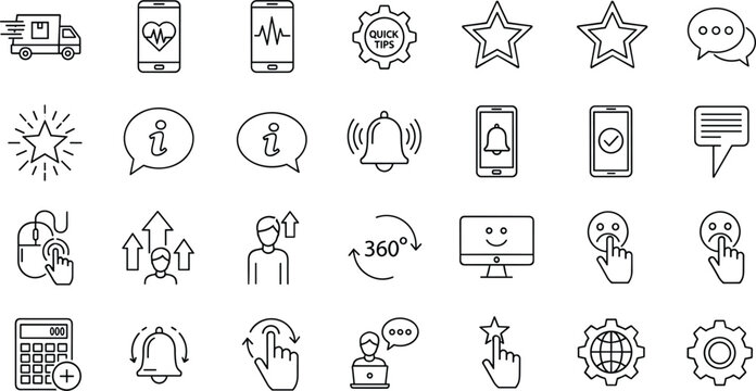 18 Communication, Technology, and Alert Icon Set with Notifications, Stars, Feedback, and Mobile Devices for Vector Design Projects