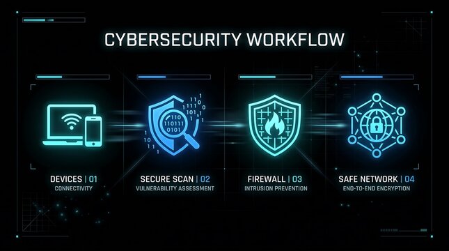 Cybersecurity workflow infographic interface featuring neon blue digital icons representing device connectivity secure scanning firewall protection and safe networking