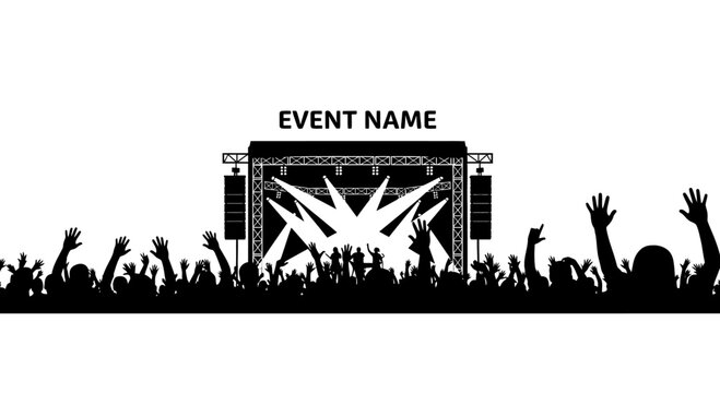 Silhouette of a concert crowd cheering in front of a stage with lights.