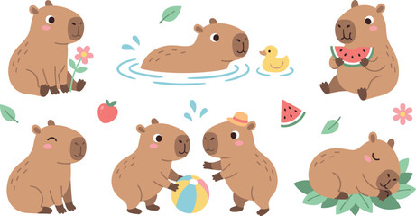 Obraz premium Playful Capybara Vector Set with Swimming, Eating, Playing, Relaxing, and Cute Animal Illustrations for Kids, Nature, Wildlife, and Cartoon Designs