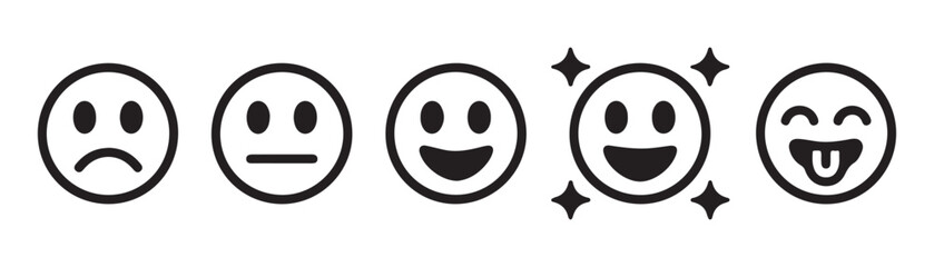 Obraz premium Set of five emoji faces showing different emotions from sad to happy and excited.