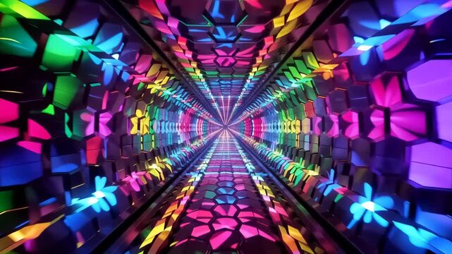Colorful Neon Floral Hexagon Tunnel Motion Background