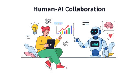 Naklejka premium Human and artificial intelligence collaboration concept illustration.