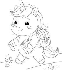 Fototapeta premium Cute unicorn going to school, coloring page