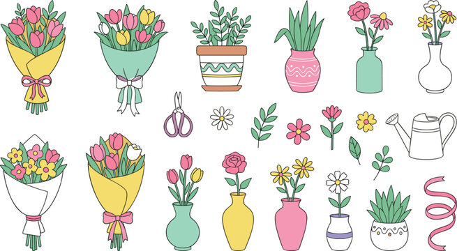 Floral Bouquets and Potted Plants Vector Collection with Colorful Flowers, Vases, Watering Can, Scissors, and Decorative Leaves for Gardening, Florist, and Home Decor Illustrations