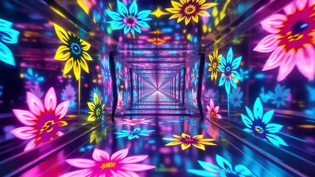 Colorful Neon Floral Mirror Tunnel Motion Background