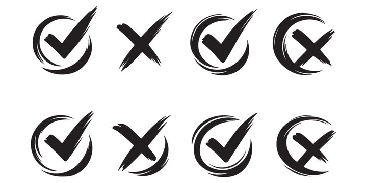 Grunge vector checkmark and cross. Grunge green check mark and red cross mark icon set. brush correct or incorrect sign with circle