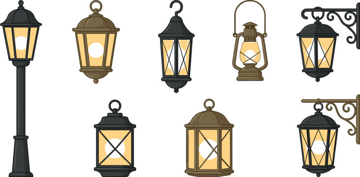 Realistic Retro Street Lanterns Set with Vintage Outdoor Wall Lamps, Hanging, Post, and Decorative Light Fixtures for Streets, Parks, and Exterior Designs