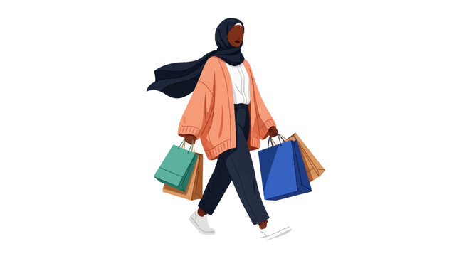 Illustration of a young Muslim woman wearing a hijab carrying multiple colorful shopping bags.