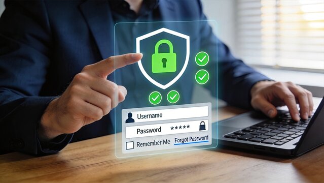 Businessman using futuristic holographic login interface with security shield, typing password on laptop for secure access, digital authentication concept, cybersecurity and data