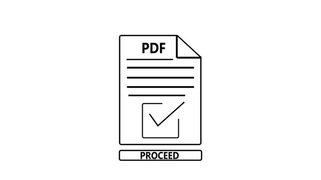 Minimal PDF document animation with checkmark and &ldquo;Proceed&rdquo; button. Concept of continuing workflow and process advancement.