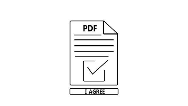 Minimal PDF document animation with checkmark and &ldquo;I agree&rdquo; button. Concept of user consent and agreement in digital platforms.