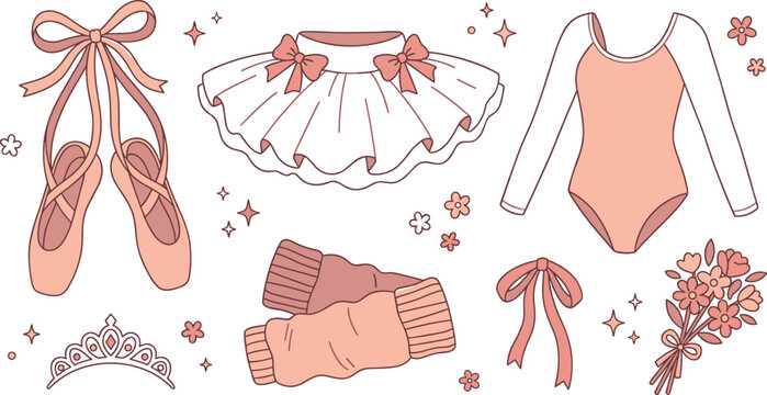 Ballet Dance Accessories and Outfit Vector Set with Ballet Shoes, Tutu, Leotard, Leg Warmers, Ribbons, Tiara, and Dance Props for Performance and Dance School Designs