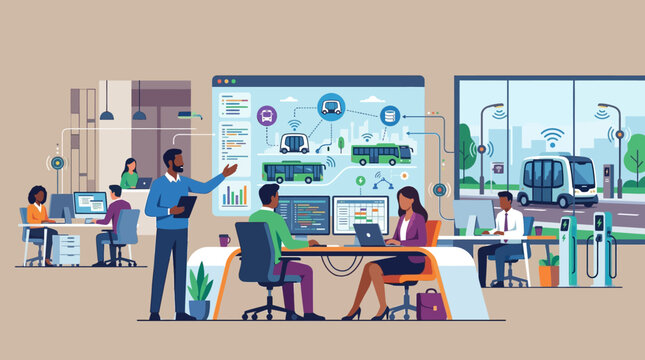 Sustainable Urban Mobility and Fleet Management Illustration: Diverse Team Working on Smart Transportation Technology and Autonomous Electric Vehicles
