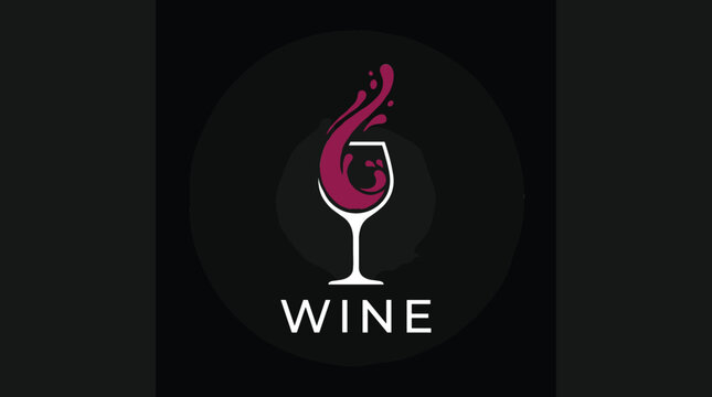 Luxury wine logo design template vector illustration featuring an elegant glass icon with splashing red wine liquid isolated on black circle background.