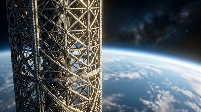 Futuristic Orbital Elevator Structure Floating Above Earth Atmosphere