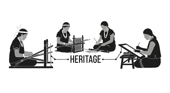 Indigenous women weaving traditional textiles representing cultural heritage and craftsmanship.