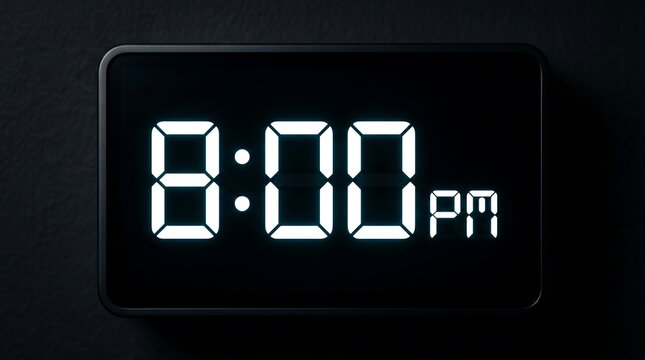 Digital clock display showing 8 00 pm in white on black background with glowing effect