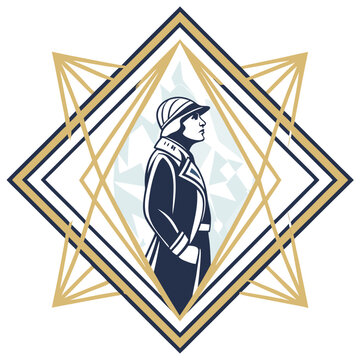 Stylized 3D letter M monogram in gold and navy with geometric diamond pattern