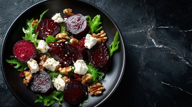 Top view of a beetroot and feta salad on polished black marble with subtle reflections and minimal props