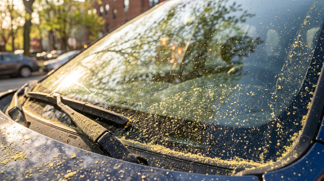 Thick layer of yellow spring tree pollen dust covering a car windshield glass reflecting warm morning sunlight outdoors causing severe seasonal respiratory allergy problems.