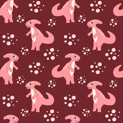 Kids seamless background with cute pink dinosaurs, abstract spots, and dots. Decorative prehistoric pattern for nursery textile, wallpaper, and fabric design. Vector illustration on dark pink. © Инна Музыка