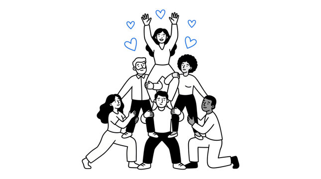 A group of diverse individuals working together to lift one another physically and emotionally, illustrating teamwork, support, and the spirit of collaboration in our community.