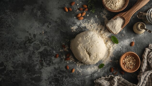 A freshly prepared dough ball sits on a floured surface surrounded by baking ingredients like almonds and spices on a rustic kitchen counter