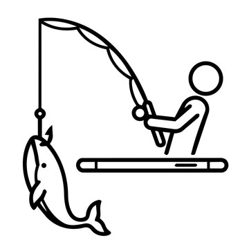 Whaling attack and mobile phishing concept, minimalist line art of person fishing for a whale through a smartphone representing cyber security threat to high-value targets.