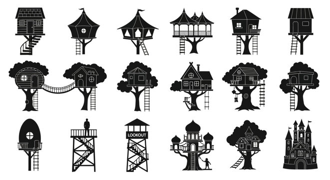 Treehouse, tree house, treehouses, houses, vector icons, black and white, illustration set of 20