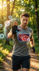 Fototapeta premium Man displaying active immunity defense mechanism, protecting human body against microscopic pathogen, showing internal biological cellular response, demonstrating natural health resilience.
