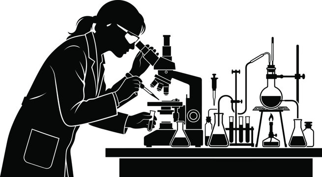 Female Research Scientist Using Microscope In Laboratory Illustration 