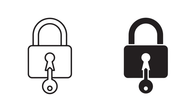 Black and white line art padlocks with keys for security and protection concepts