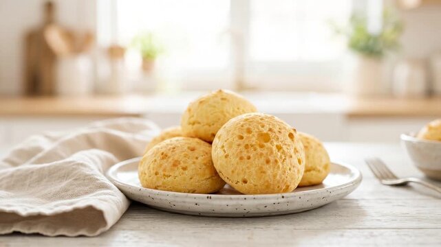 Golden baked bread rolls on a plate in a bright kitchen.