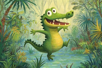 Obraz premium cartoon crocodile dancing in jungle clearing