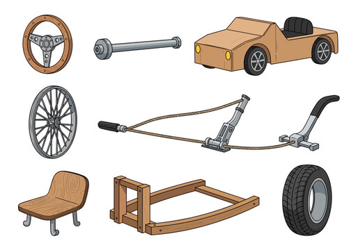 Set of soapbox derby car parts steering wheel chassis and wheel components for DIY racing vehicle construction and engineering project