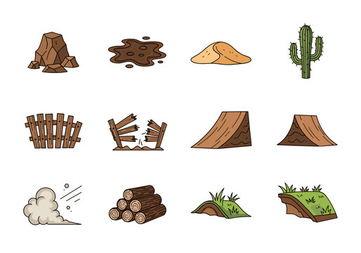 Set of wild west landscape elements including rocky ground, cactus, wooden fences, ramps, and terrain piles for game environment design and map assets
