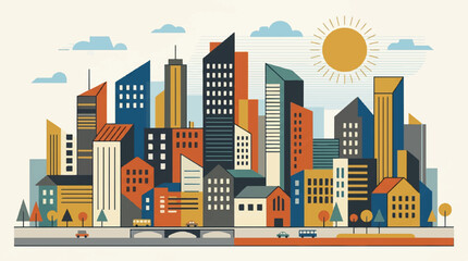 Fototapeta premium Colorful city skyline illustration featuring modern buildings and urban life in a sunny daytime scene.
