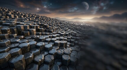 Fototapeta premium Hexagonal basalt columns forming a dramatic alien landscape under moonlight