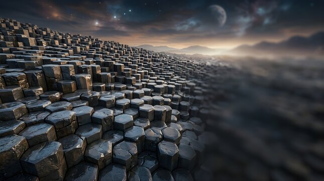 Hexagonal basalt columns forming a dramatic alien landscape under moonlight